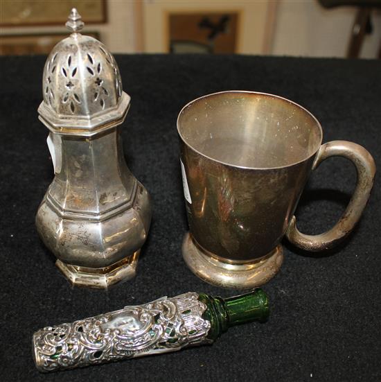 Silver mug, silver caster and mounted glass flask (no stopper)